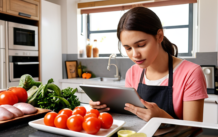 **Prompt:** A young adult, deeply engrossed, learning a foreign language through their passion for cooking. They are in a modern kitchen, viewing a vibrant foreign-language cooking video on a tablet while surrounded by fresh ingredients. The atmosphere is warm and inviting, highlighting genuine engagement with authentic content. Soft focus background, natural light.