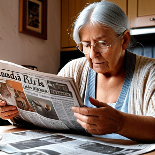 Home 19 **A cozy scene: An elderly German woman with silver hair sits at her kitchen table, bathed in the warm morning light. She's wearing a comfortable cardigan and reading a printed newspaper, "Ananda Bazar Patrika," with a magnifying glass. A steaming cup of Kaffee and a Semmel are on the table next to her. The aroma of fresh Kaffee fills the air. Focus on the textures of the newspaper and the details of her hands.**