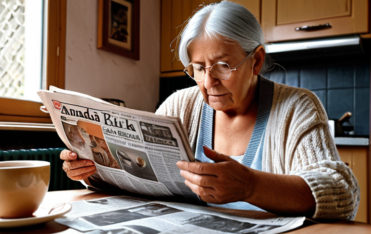 **A cozy scene: An elderly German woman with silver hair sits at her kitchen table, bathed in the warm morning light. She's wearing a comfortable cardigan and reading a printed newspaper, "Ananda Bazar Patrika," with a magnifying glass. A steaming cup of Kaffee and a Semmel are on the table next to her. The aroma of fresh Kaffee fills the air. Focus on the textures of the newspaper and the details of her hands.**