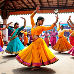 **

Prompt: "Vibrant Bengali marketplace scene. Dancers in colorful traditional attire perform Kathak and Bharatnatyam. Sounds of sitar music. Exotic spices in the air. Celebration of Bengali dance and culture."

**