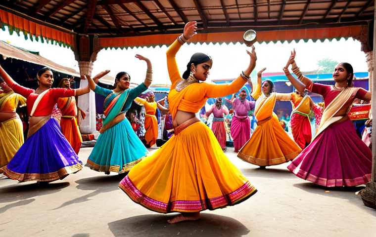 **
Prompt: "Vibrant Bengali marketplace scene. Dancers in colorful traditional attire perform Kathak and Bharatnatyam. Sounds of sitar music. Exotic spices in the air. Celebration of Bengali dance and culture."
**