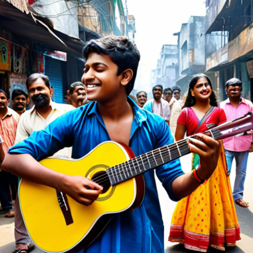 Home 9 **
A vibrant street scene in Kolkata, India. A young musician with a guitar performs Bengali pop music for an appreciative crowd. Capture the energy and joy of the music. Include traditional Bengali elements mixed with modern clothing styles. Bright, colorful, and energetic.
**