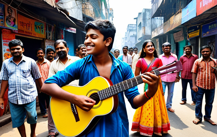 **
A vibrant street scene in Kolkata, India. A young musician with a guitar performs Bengali pop music for an appreciative crowd. Capture the energy and joy of the music. Include traditional Bengali elements mixed with modern clothing styles. Bright, colorful, and energetic.
**