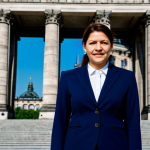 벵골어 논문 작성법 - ** A professional businesswoman in a sharp, navy blue business suit, standing in front of the Reichs...