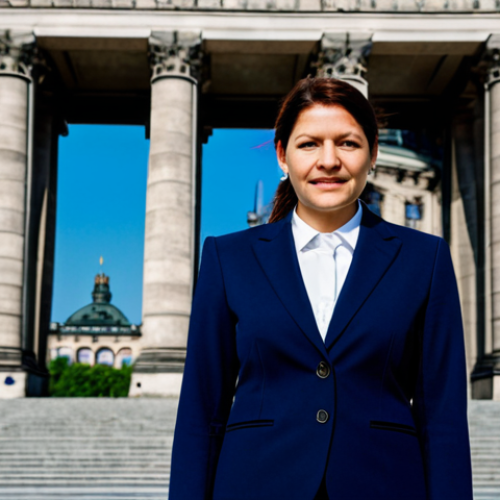 Home 4 벵골어 논문 작성법 - ** A professional businesswoman in a sharp, navy blue business suit, standing in front of the Reichs...