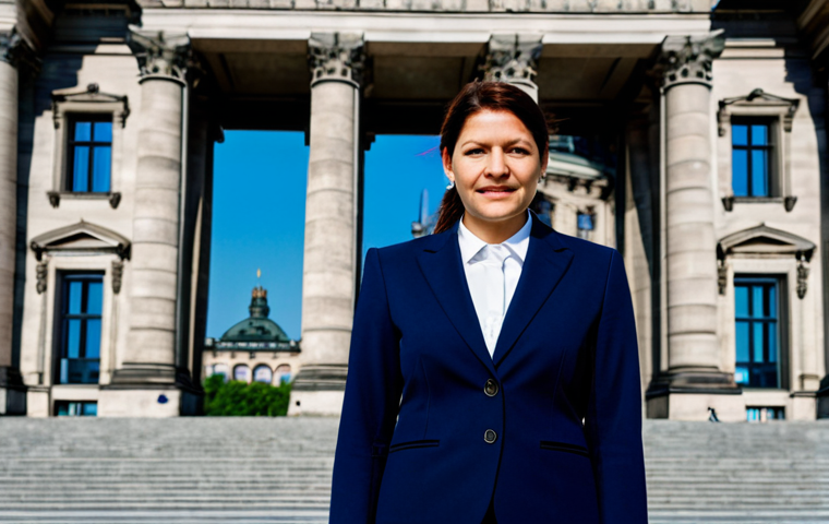 벵골어 논문 작성법 - ** A professional businesswoman in a sharp, navy blue business suit, standing in front of the Reichs...