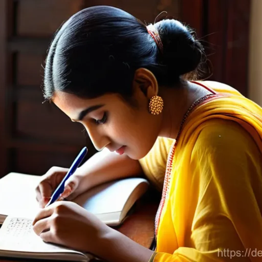 벵골어 학습 주의점 - The Elegance of Bengali Script**
"A young woman (18-25 years old) with dark, pulled-back hair, wear...