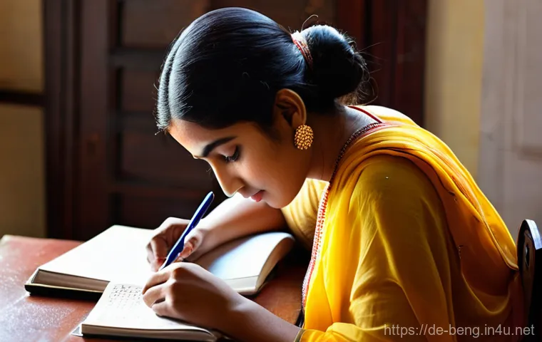 벵골어 학습 주의점 - The Elegance of Bengali Script**

"A young woman (18-25 years old) with dark, pulled-back hair, wear...