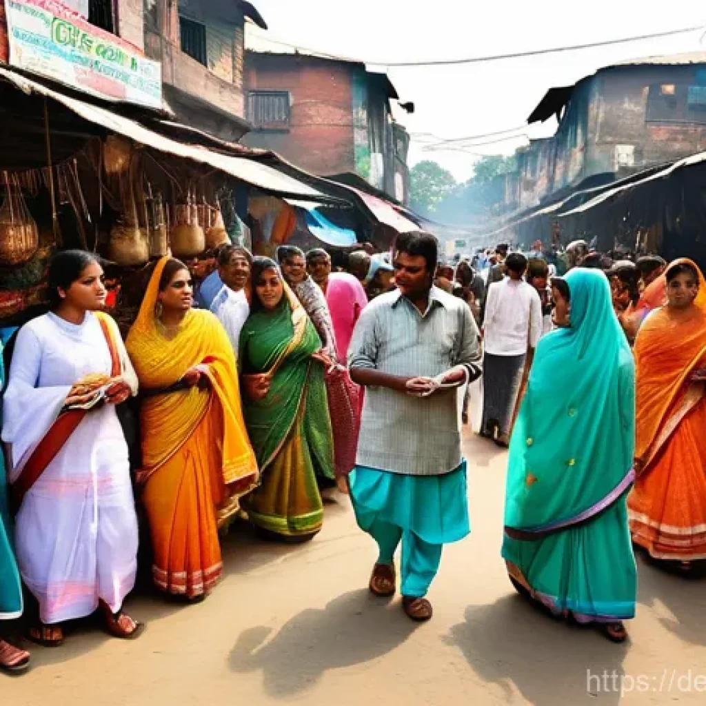 벵골어 방언 종류 - **The Vibrant Bazaar of Bengali Voices**
    A bustling, lively outdoor market scene in Bengal, brim...