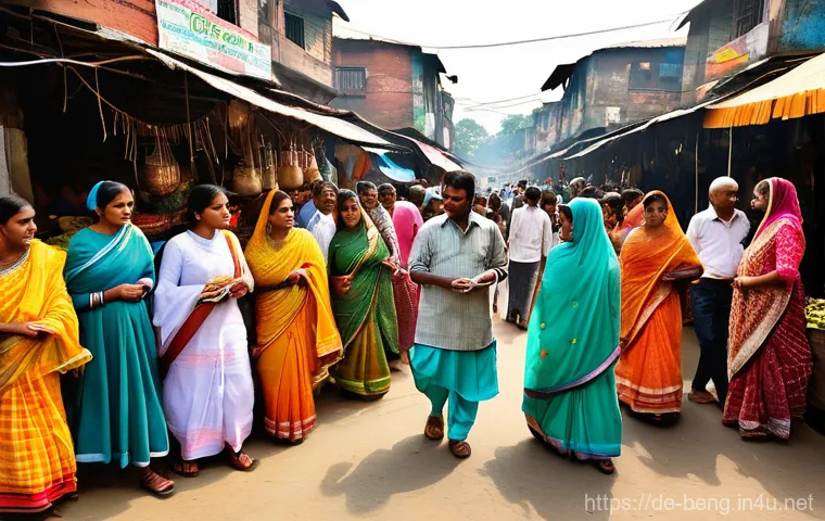 벵골어 방언 종류 - **The Vibrant Bazaar of Bengali Voices**
    A bustling, lively outdoor market scene in Bengal, brim...