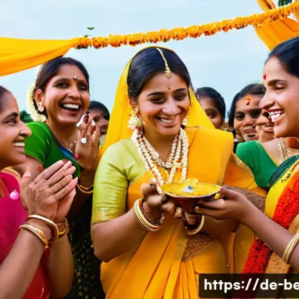 벵골어 결혼 문화 - **Vibrant "Gaye Holud" Ceremony:** A joyous and colorful outdoor scene depicting a Bengali bride dur...
