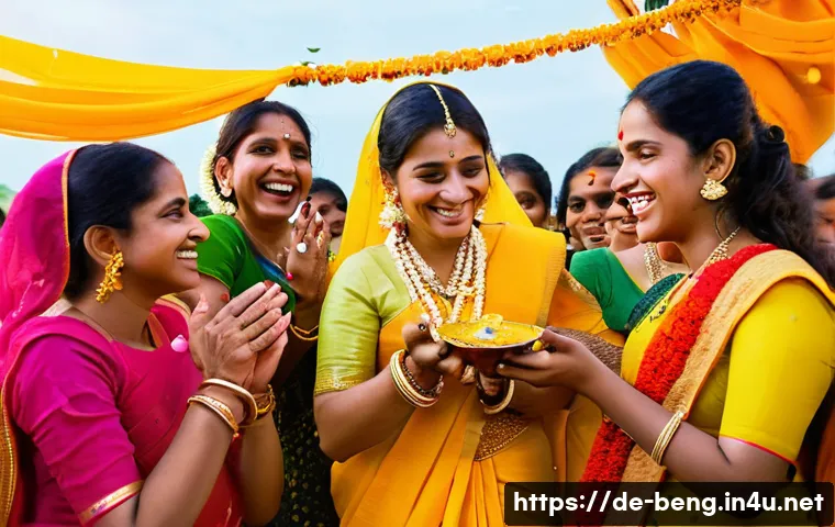 벵골어 결혼 문화 - **Vibrant "Gaye Holud" Ceremony:** A joyous and colorful outdoor scene depicting a Bengali bride dur...