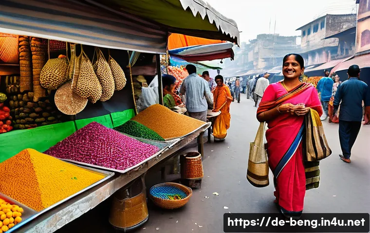 벵골어 관광 가이드 - **Vibrant Bengali Market Exploration with a Local Guide**
    "A cheerful and dynamic scene at a bus...