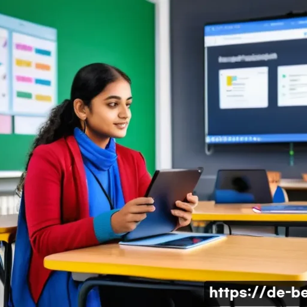 벵골어 교육 정책 - A modern classroom scene in Germany featuring diverse young students using tablets and laptops to le...