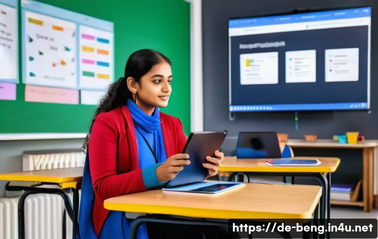 벵골어 교육 정책 - A modern classroom scene in Germany featuring diverse young students using tablets and laptops to le...