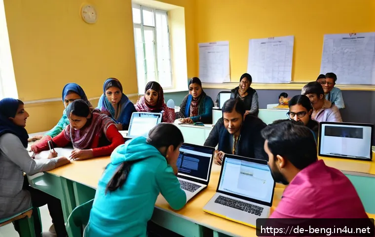 벵골어 시험 종류 - A modern classroom setting in Germany with diverse adult students practicing Bengali language skills...