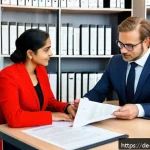 Home 18 벵골어 계약서 작성 - A professional business meeting scene in a modern German office setting, showing two diverse busines...