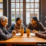 Home 23 벵골어 학습 커뮤니티 - A cozy café scene in a modern German city where a diverse group of adults are engaged in a Bengali l...