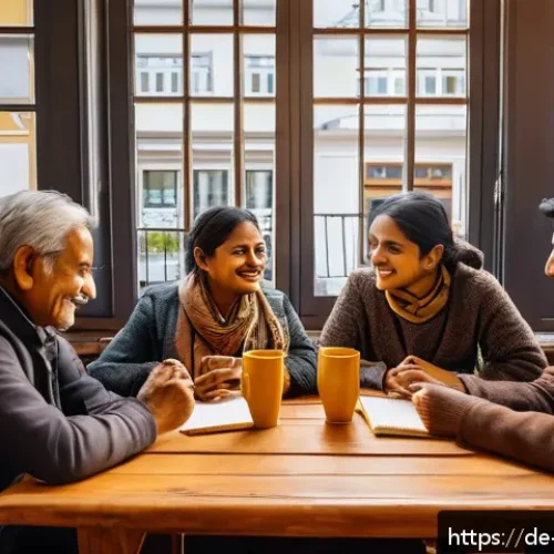 Home 17 벵골어 학습 커뮤니티 - A cozy café scene in a modern German city where a diverse group of adults are engaged in a Bengali l...