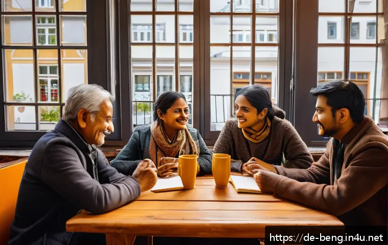 벵골어 학습 커뮤니티 - A cozy caf&eacute; scene in a modern German city where a diverse group of adults are engaged in a Bengali l...